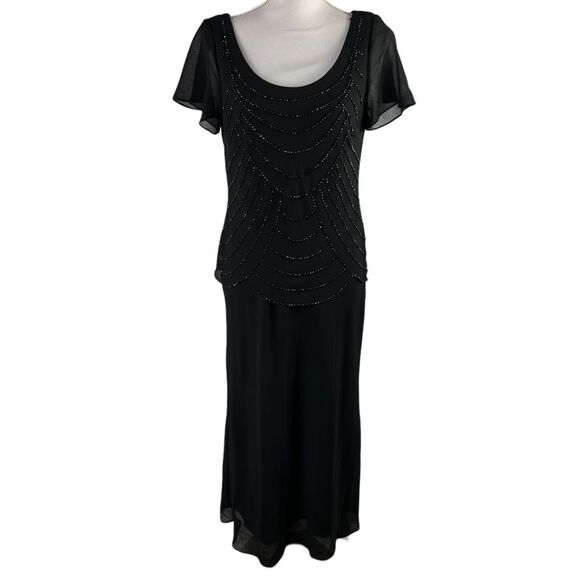 Vintage Black Cocktail Semi Formal Dress Size 8 Beaded Wedding Short Sleeve - Picture 1 of 14